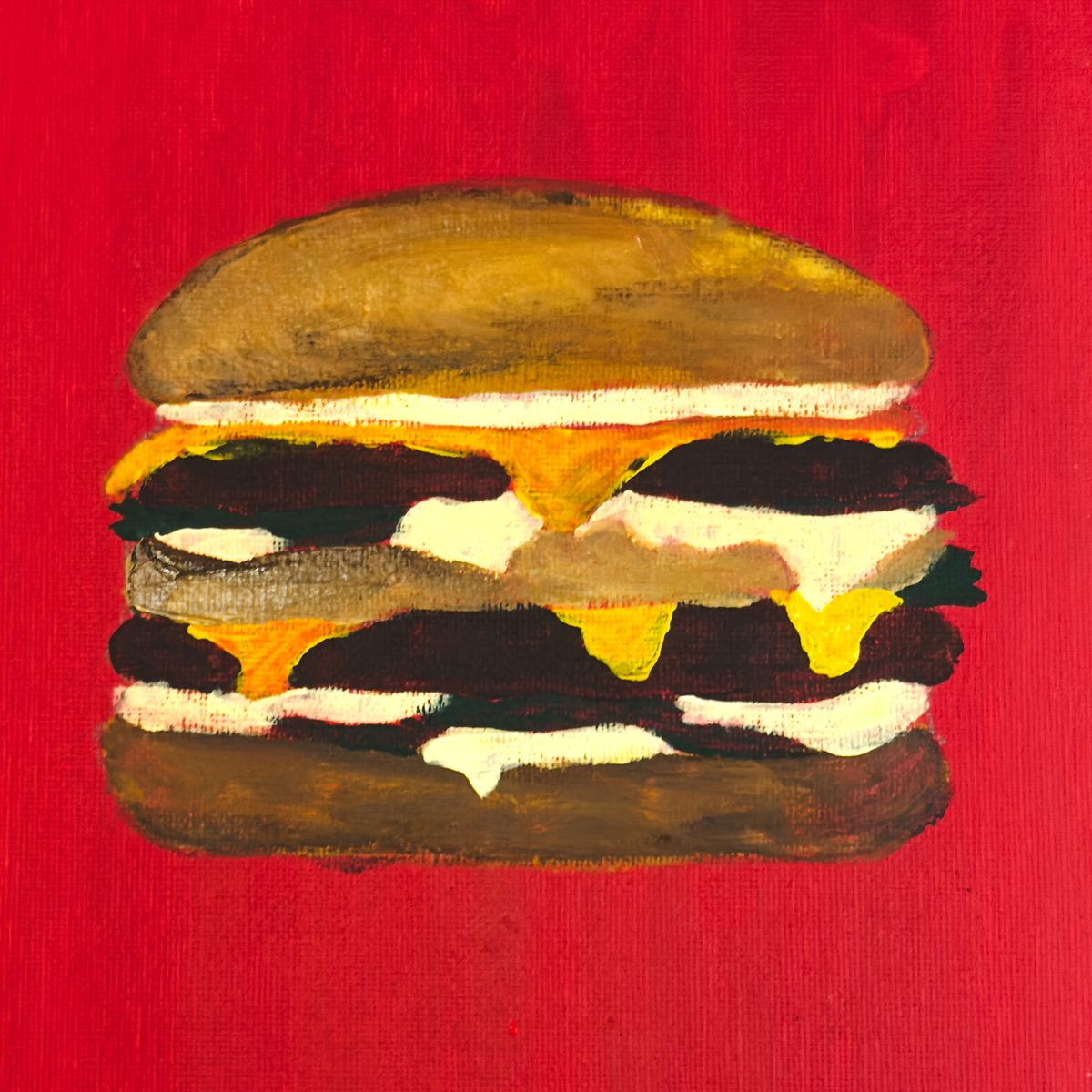 A hand-painted double cheeseburger in acrylic on a bright red background, with loose brushstrokes and dripping yellow cheese.